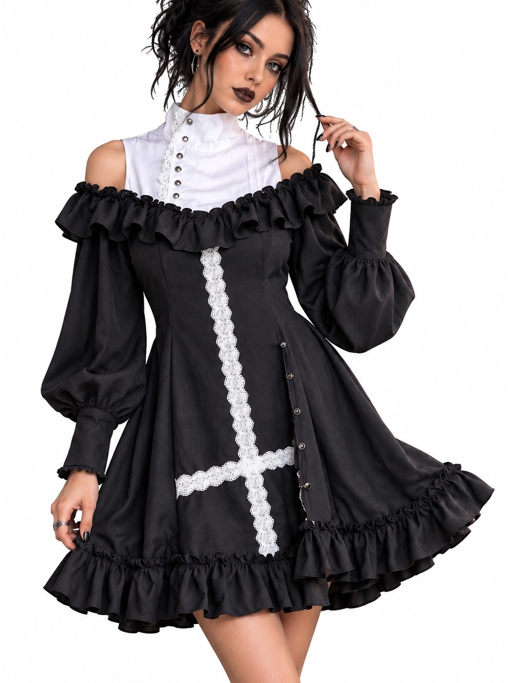 corset gothic victorian dress Unknown | Dresses | Black White Lace Cross Ruffle Mini Costume Color:As Photo (Orange) SUMMER4.30.26 century puffed sleeves Layered Plus Size Venetia Maxi Velvet